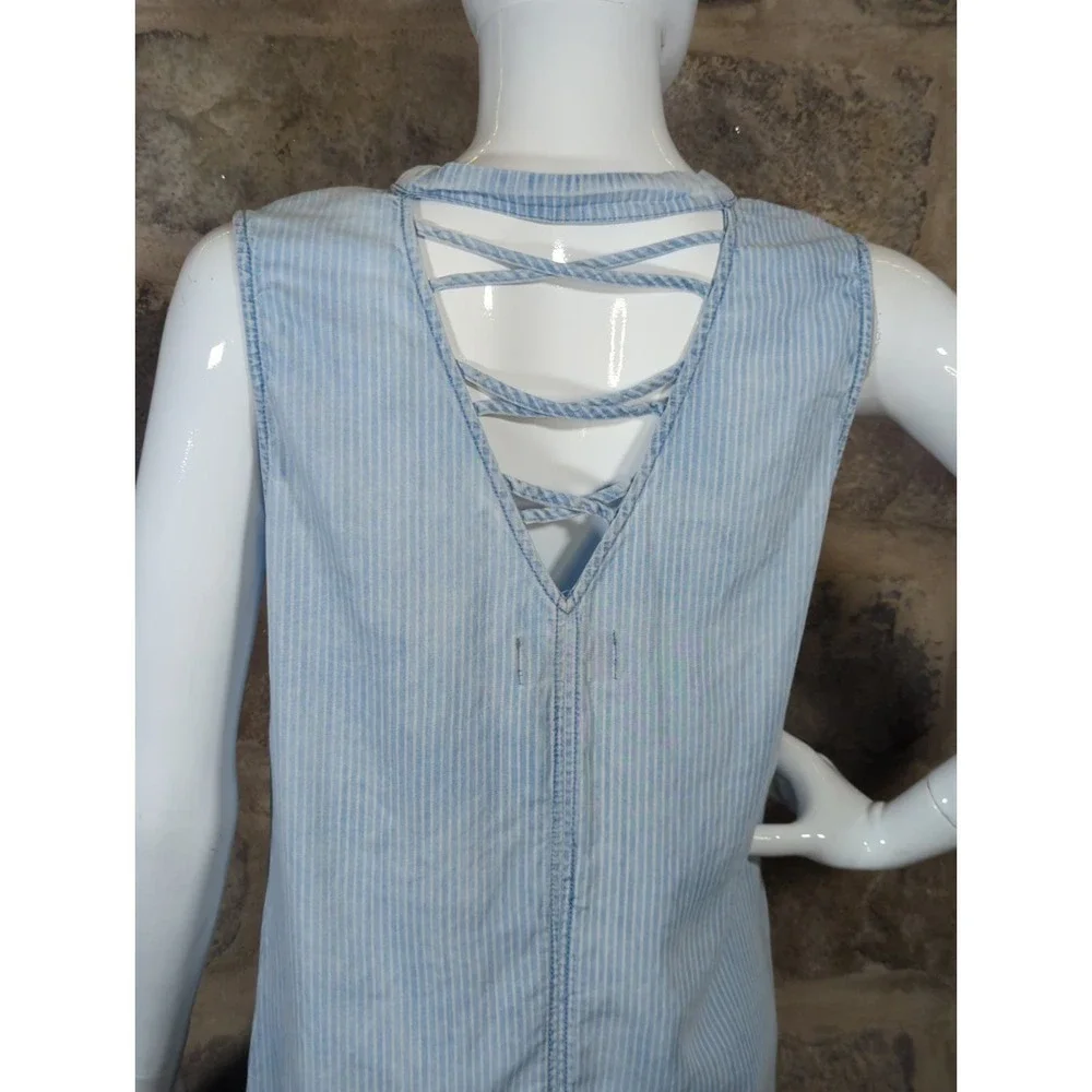 Michael Stars Dress 100% Tencel Blue Striped Sleeveless Embroidered‎ Size Small
